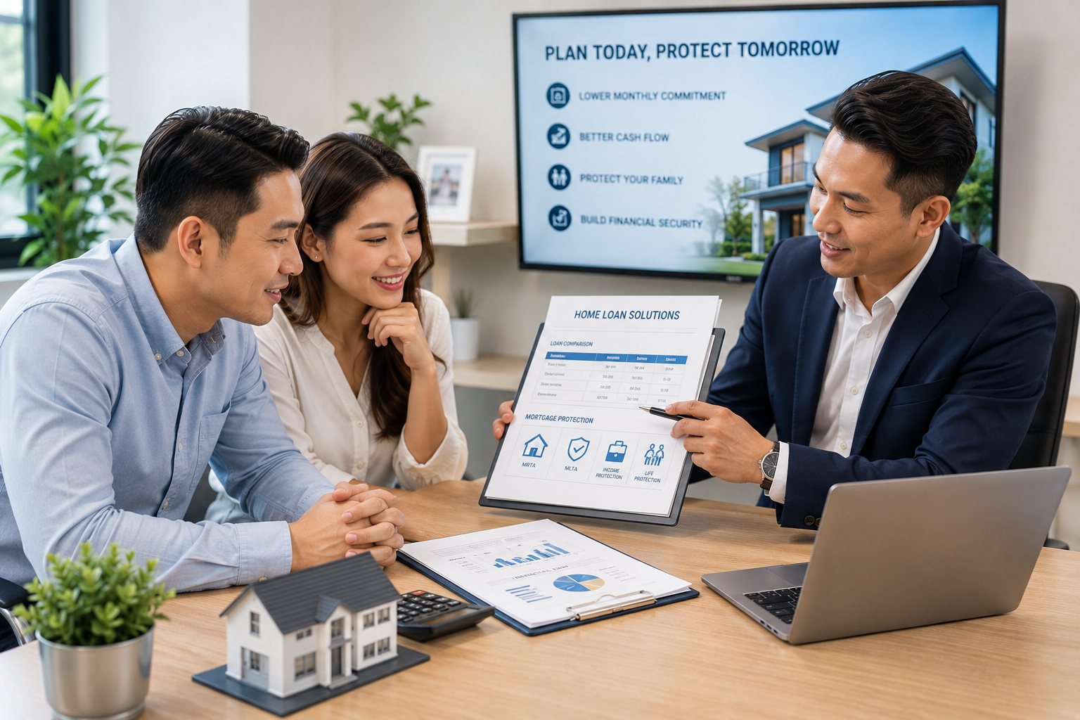 Mortgage consultation with advisor explaining home loan and protection options